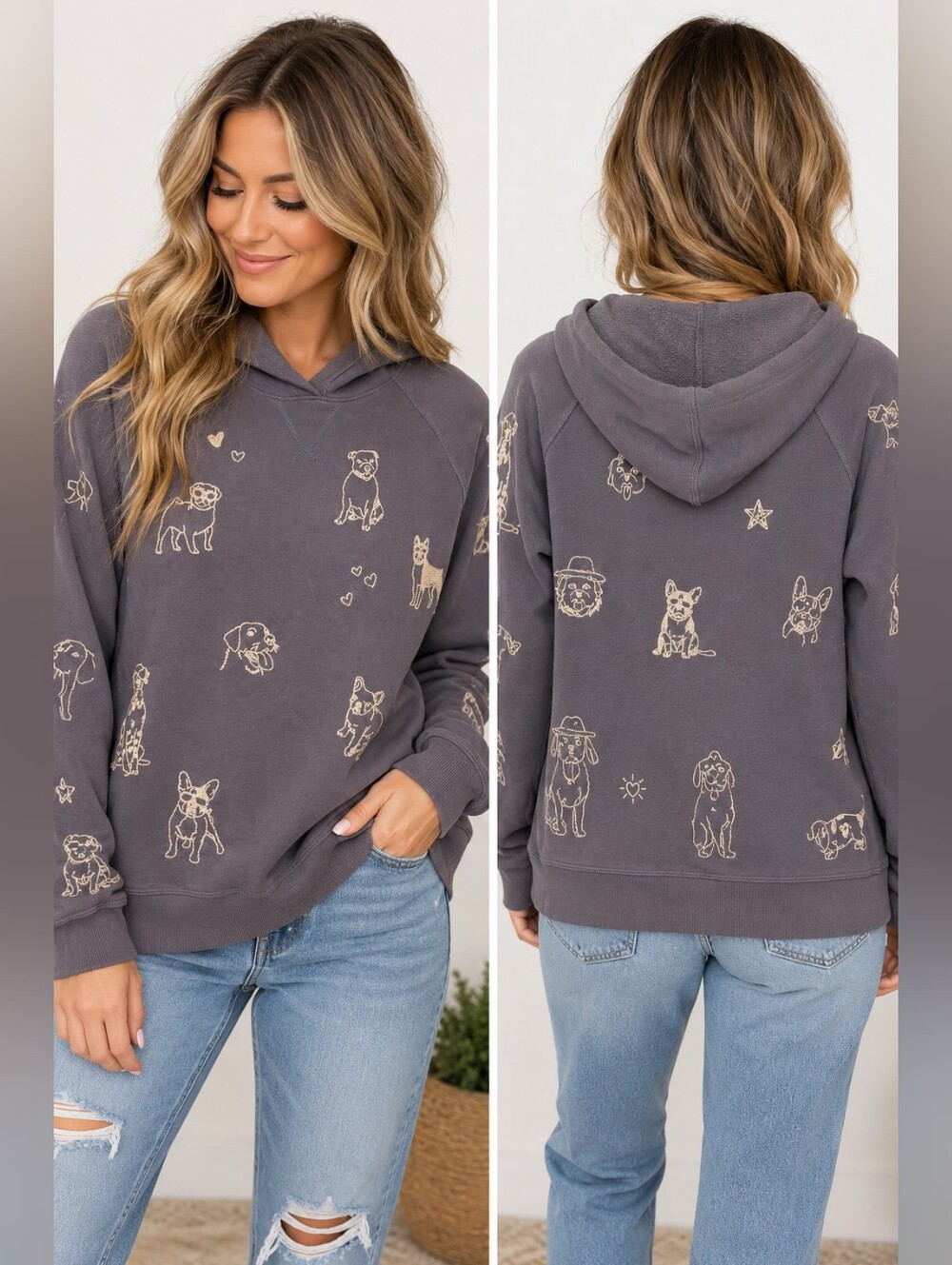 Johnny Was Tippi Embroidered Dog & Cat Hoodie Sweatshirt Gray Size Small